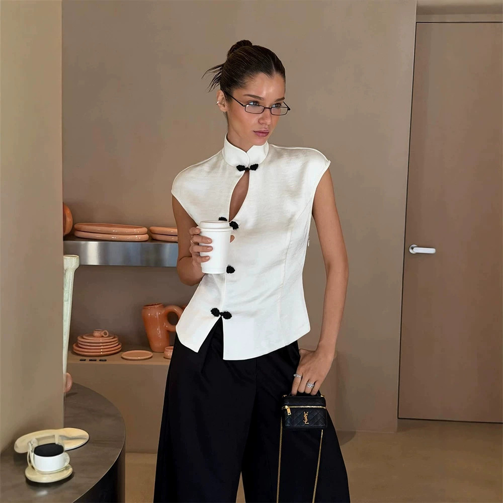 H&M Summer Solid Stand Collar Sleeveless Cutout Single Button Waist Chinese Top
